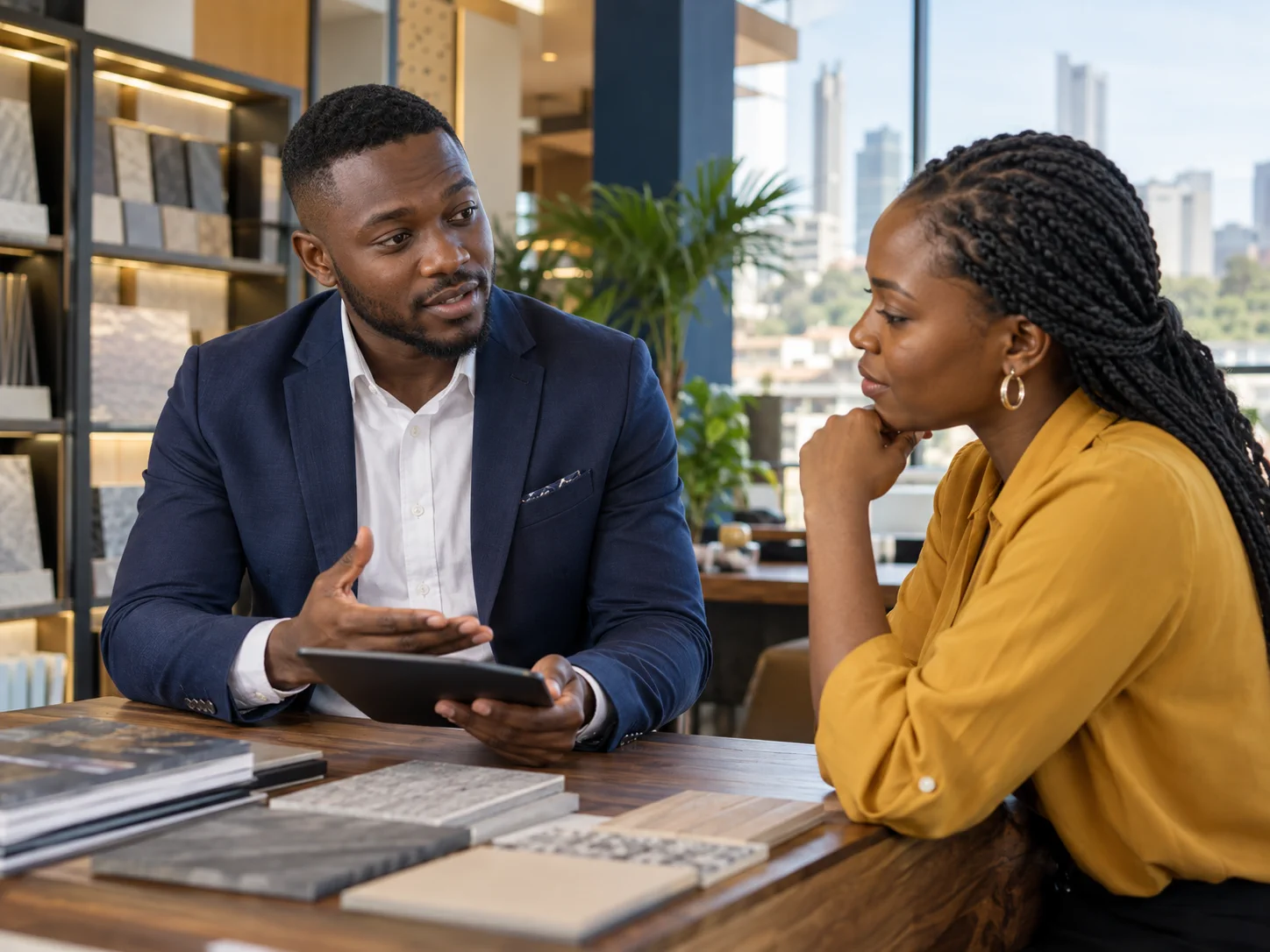 Sales professional guiding a customer through a consultative sales conversation